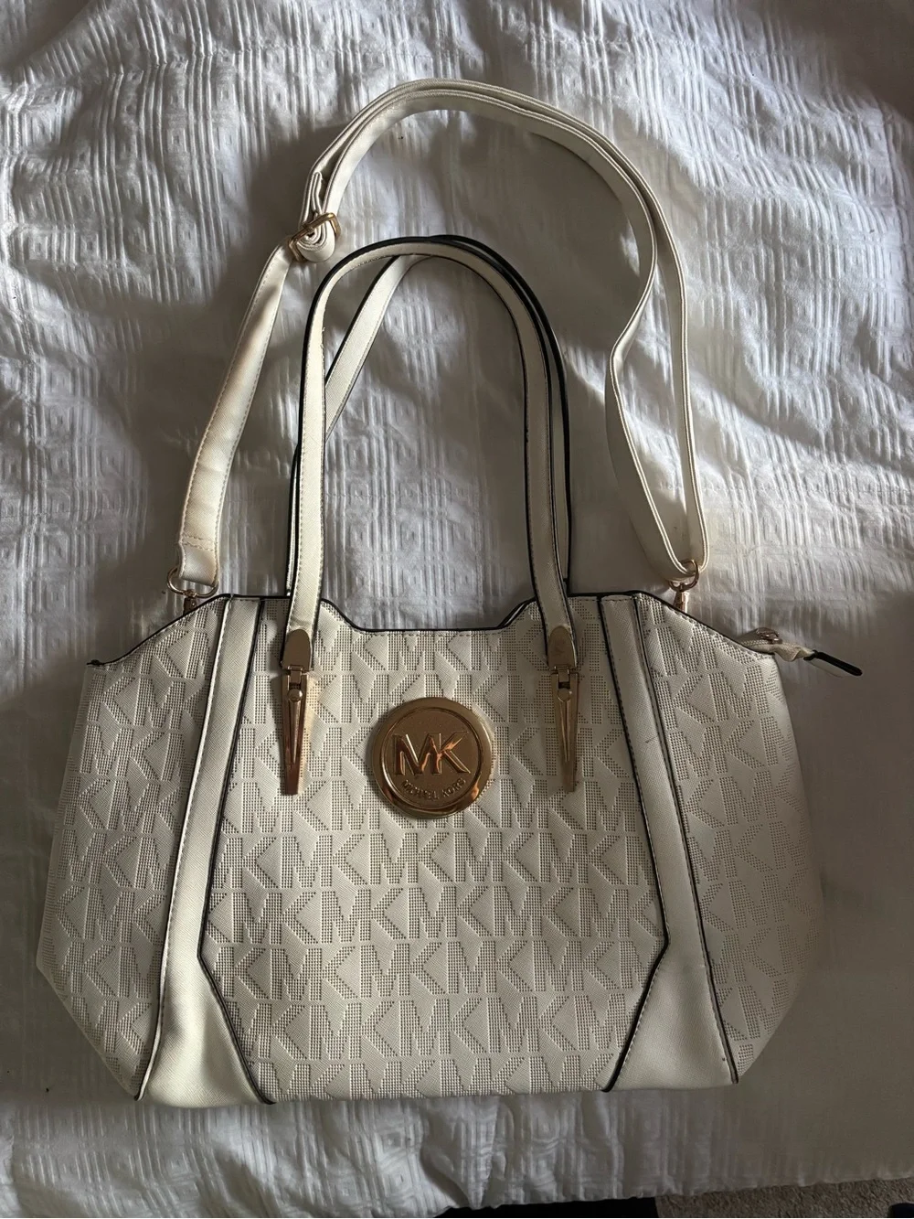 Michael Kors Cream MK Logo Tote with Gold-Tone Medallion